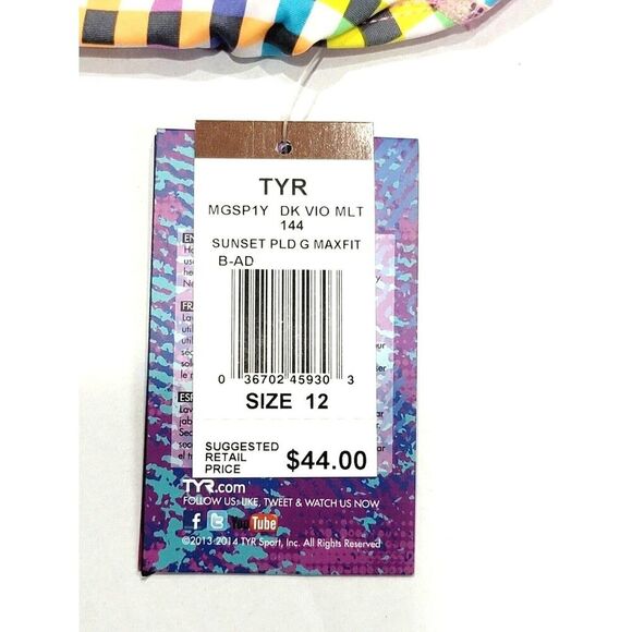 TYR DuraFast Lite Girls SUNSET PLAID Maxfit 1pc Swimsuit Dk Violet Pink Size 12 - Picture 12 of 15